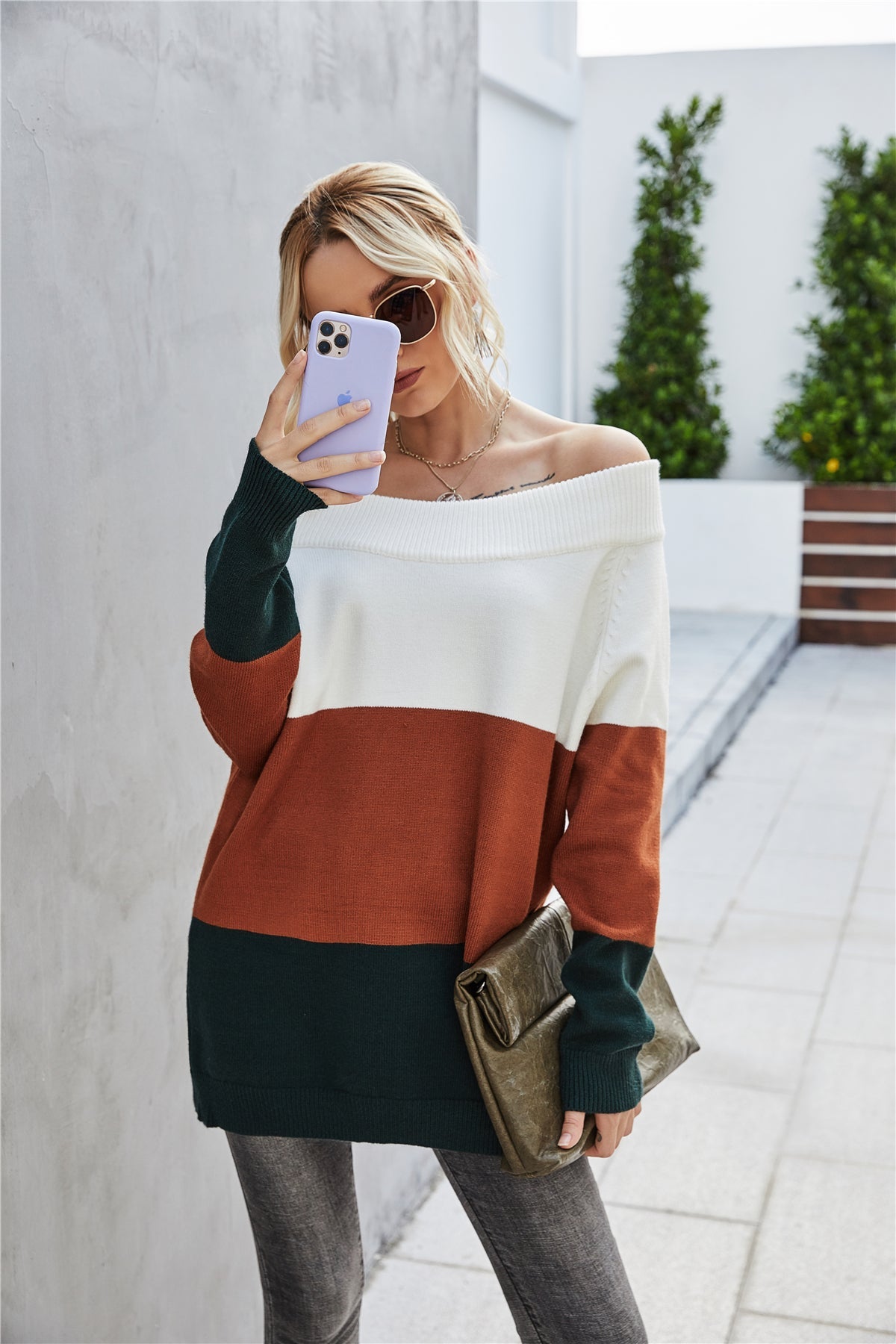 RadyRin Off The Shoulder Color Block Sweater for Style
