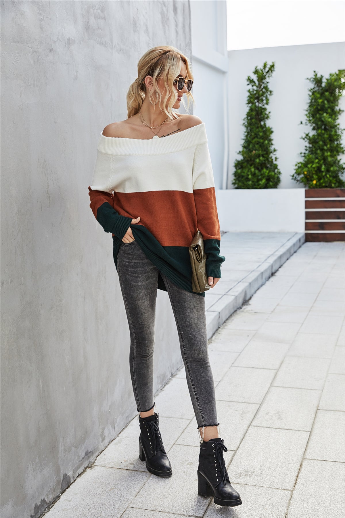 RadyRin Off The Shoulder Color Block Sweater for Style