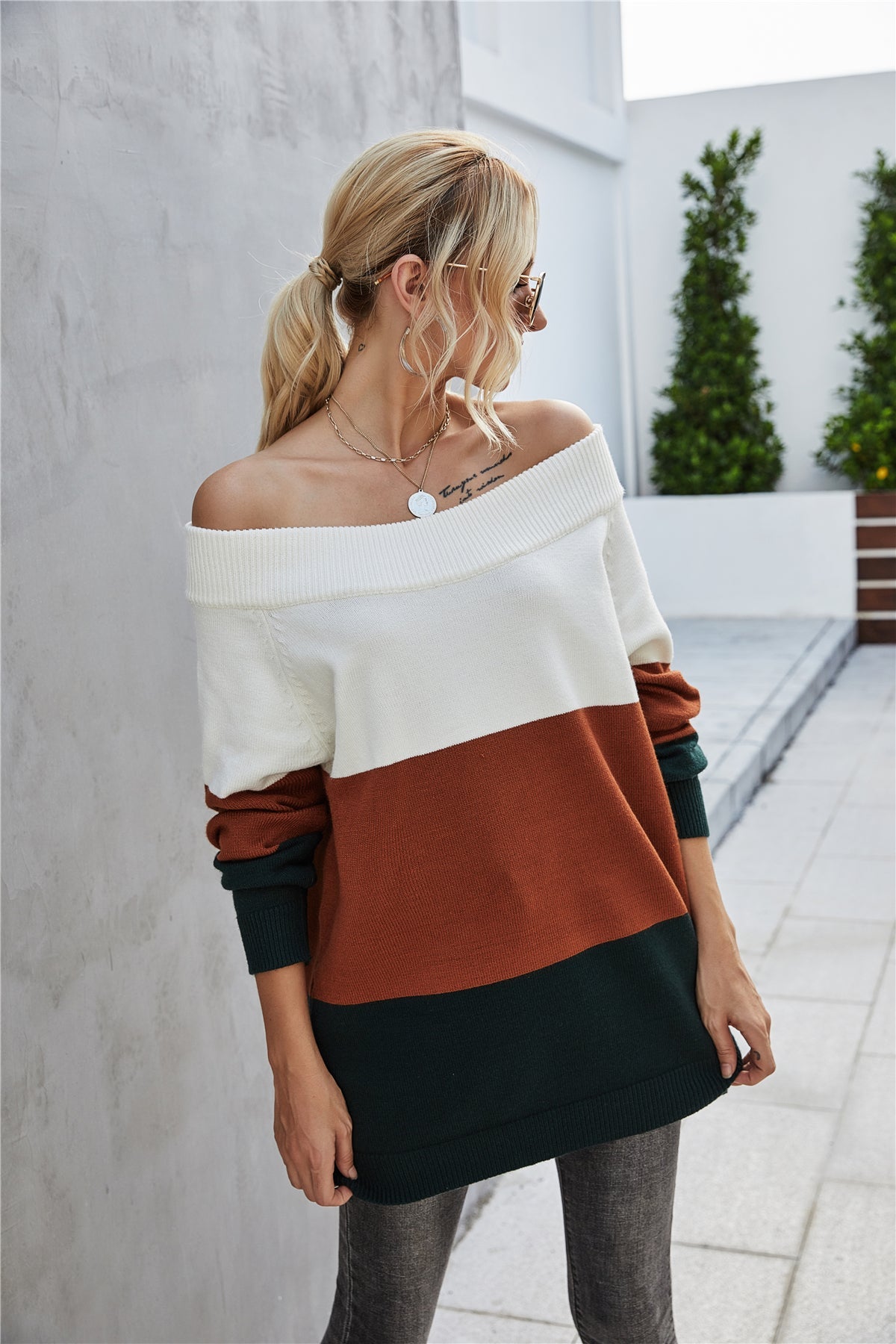 RadyRin Off The Shoulder Color Block Sweater for Style