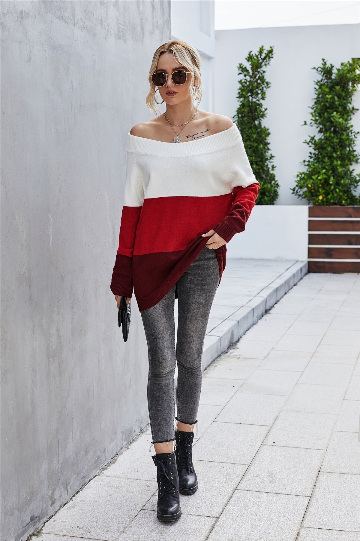 RadyRin Off The Shoulder Color Block Sweater for Style