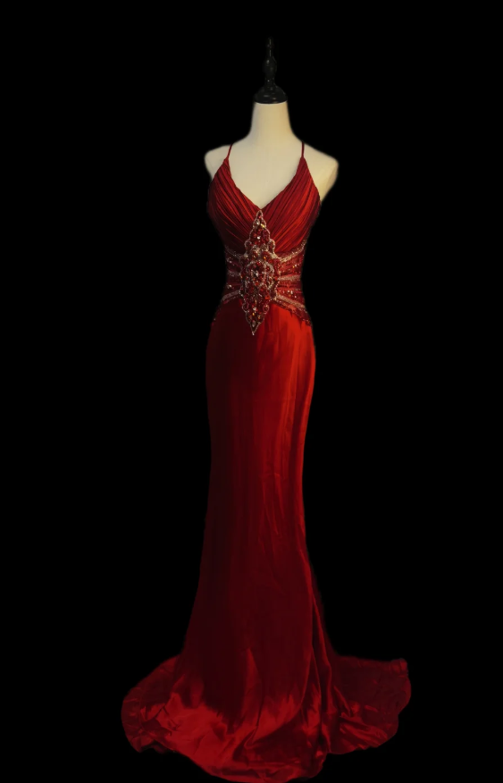 Pretty Spaghetti Straps V Neck Red Satin Beaded Mermaid Party Dress Formal Evening Gown D1104