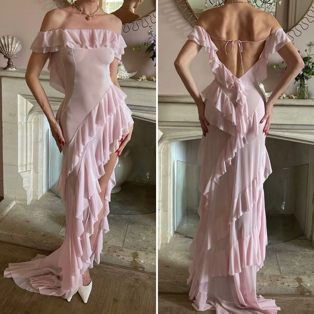 Sexy Off The Shoulder Pink Chiffon Ruffle Slit Long Party Dress Evening Gown(Add Lining) D1467