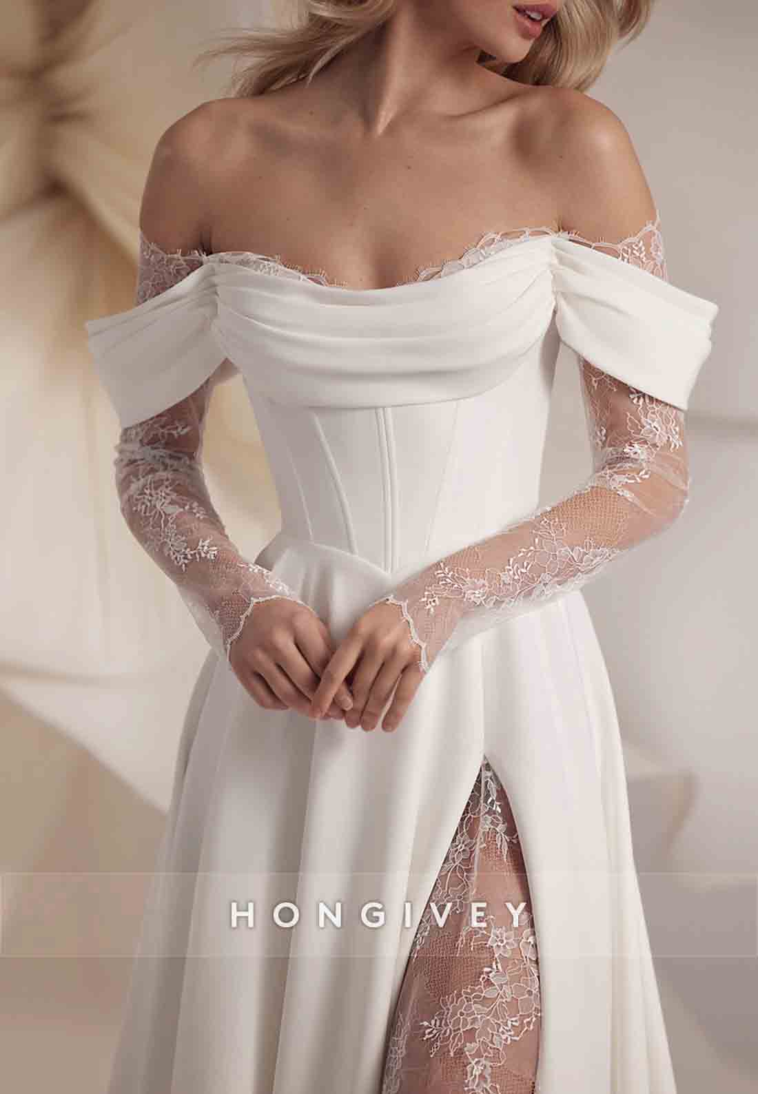 High Slit Off the Shoulder Lace Crisscross Back Long Sleeve Wedding Dresses