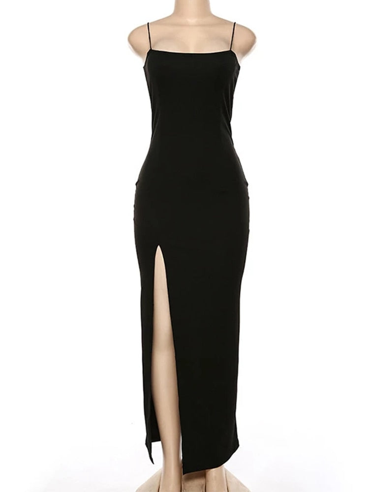 Satin Spaghetti Strap Backless High Slit Maxi Dress 9