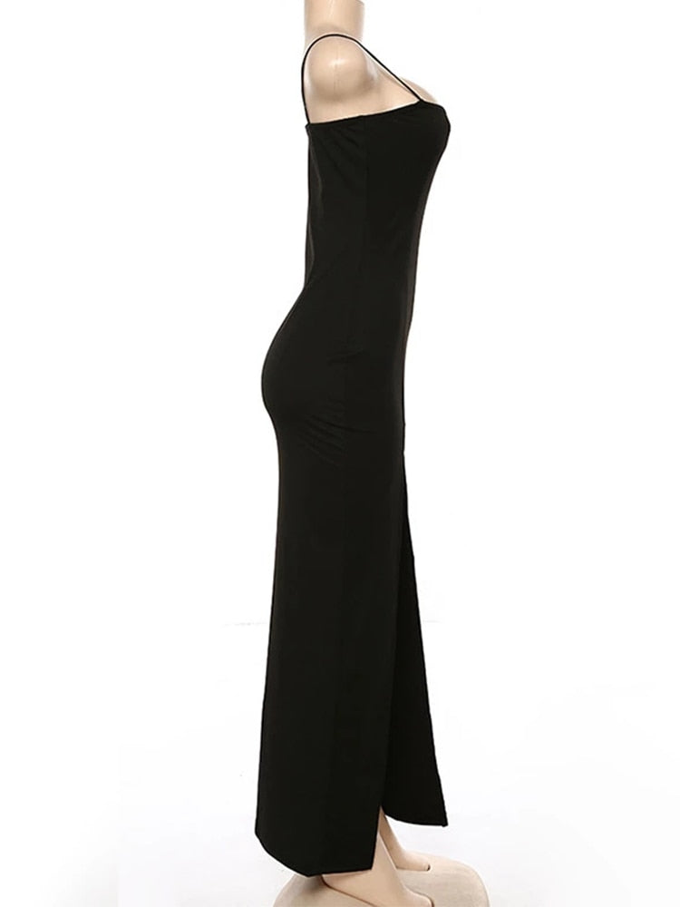 Satin Spaghetti Strap Backless High Slit Maxi Dress 11