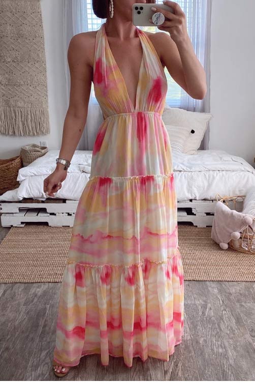 Tie-Dye Halter Twist-Front Tiered Chiffon Maxi Dress