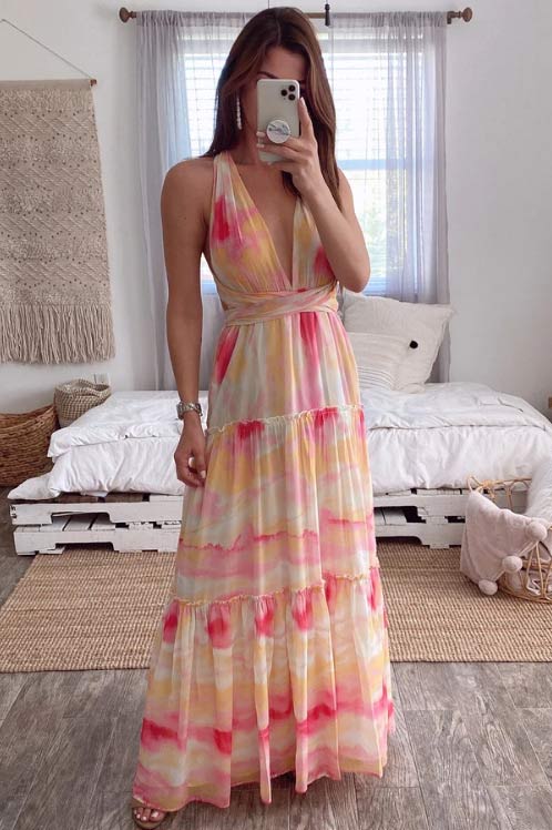Tie-Dye Halter Twist-Front Tiered Chiffon Maxi Dress