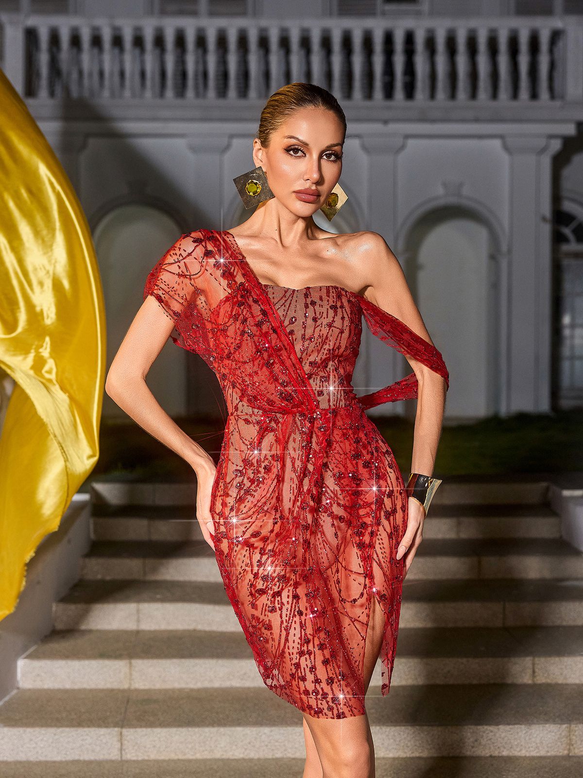 Sequin One Shoulder High Split Handkerchief Hem Bodycon Mini Dress - View 4