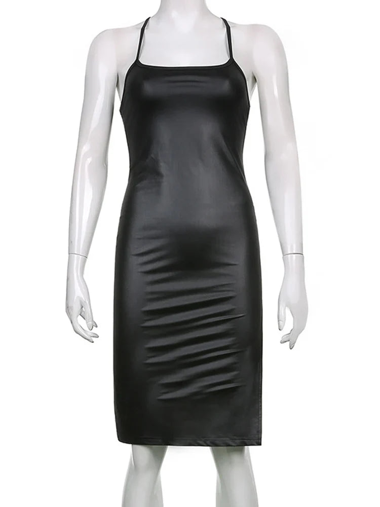 Faux Leather Halter Side-Split Bodycon Midi Dress 4