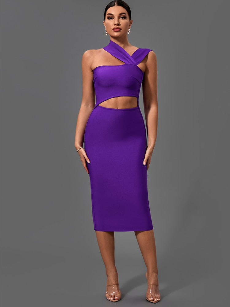 One Shoulder Crossover Cut-Out Bandage Midi Dress