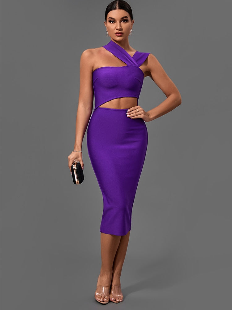 One Shoulder Crossover Cut-Out Bandage Midi Dress