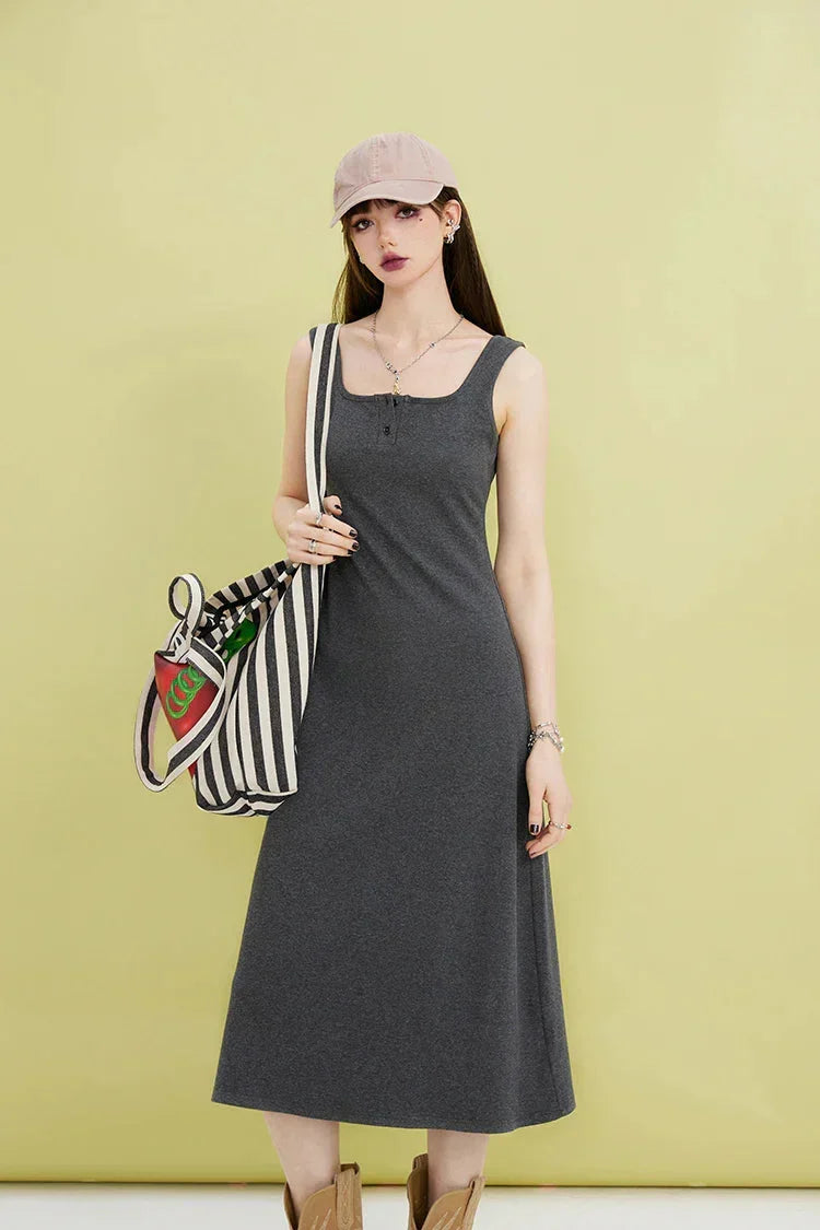 Square-Neck Sleeveless Button-Placket A-Line Midi Dress 2