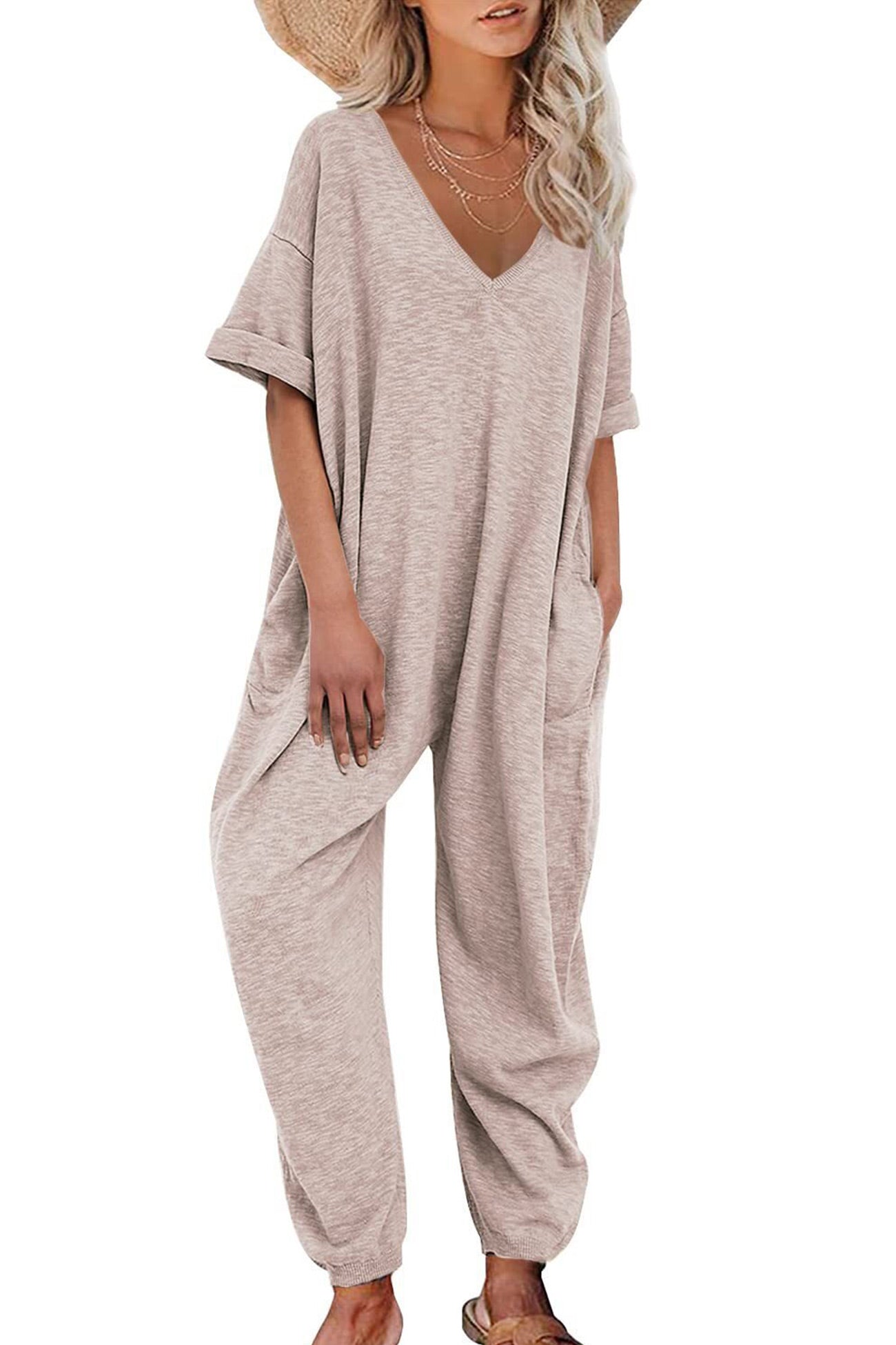 Cotton Solid V Neck Loose Jumpsuits - Fashionpara