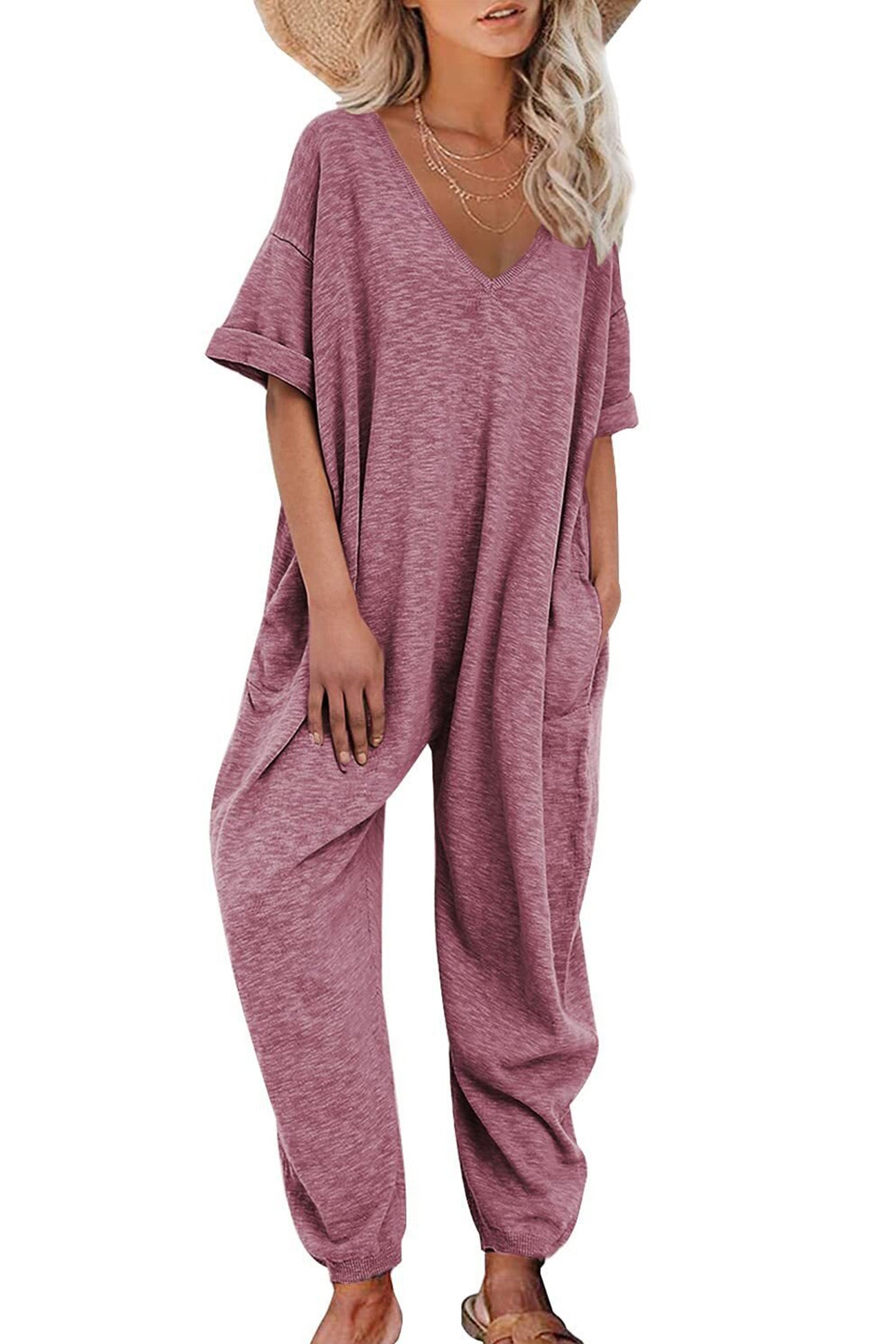 Cotton Solid V Neck Loose Jumpsuits - Fashionpara