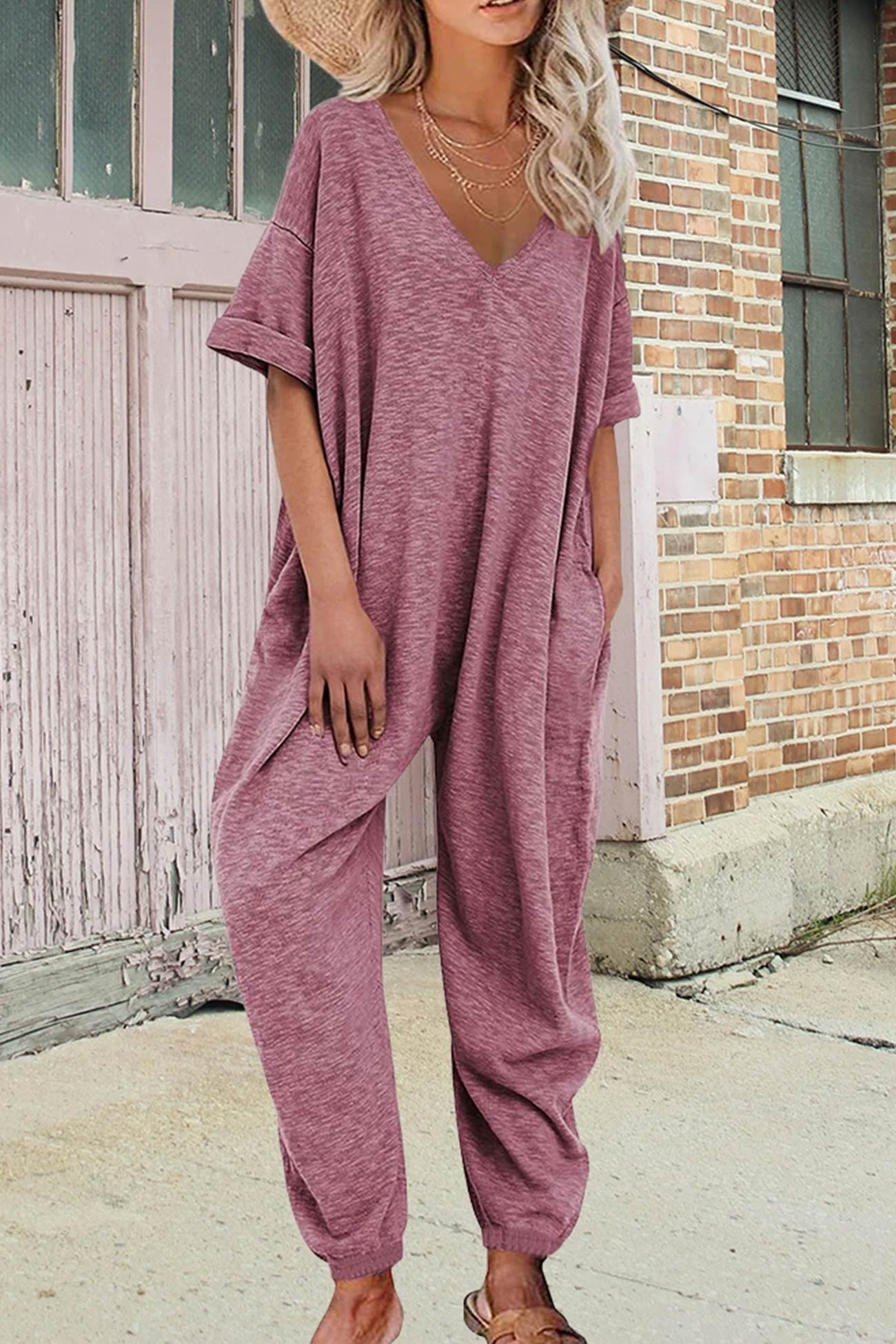 Cotton Solid V Neck Loose Jumpsuits - Fashionpara