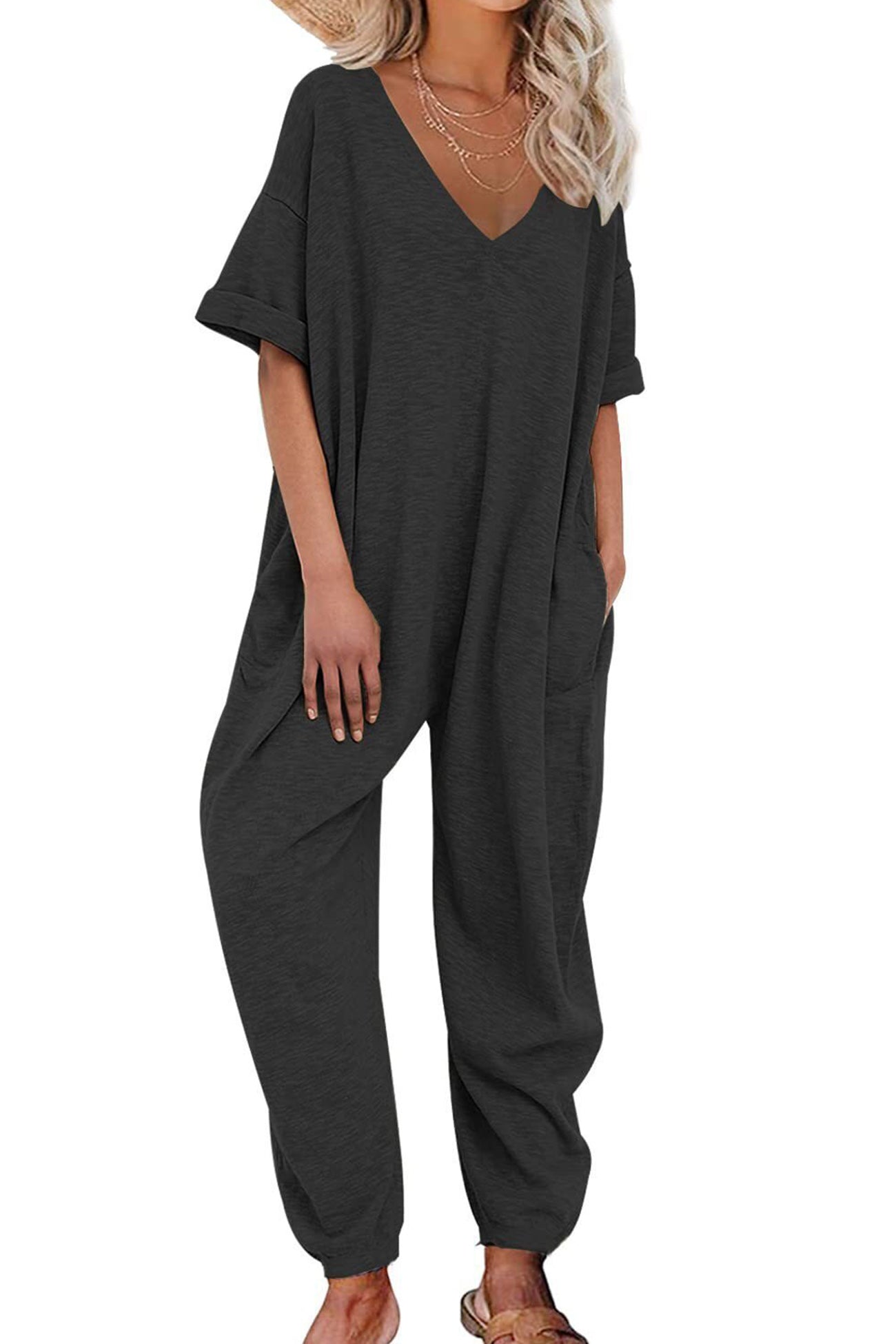 Cotton Solid V Neck Loose Jumpsuits - Fashionpara