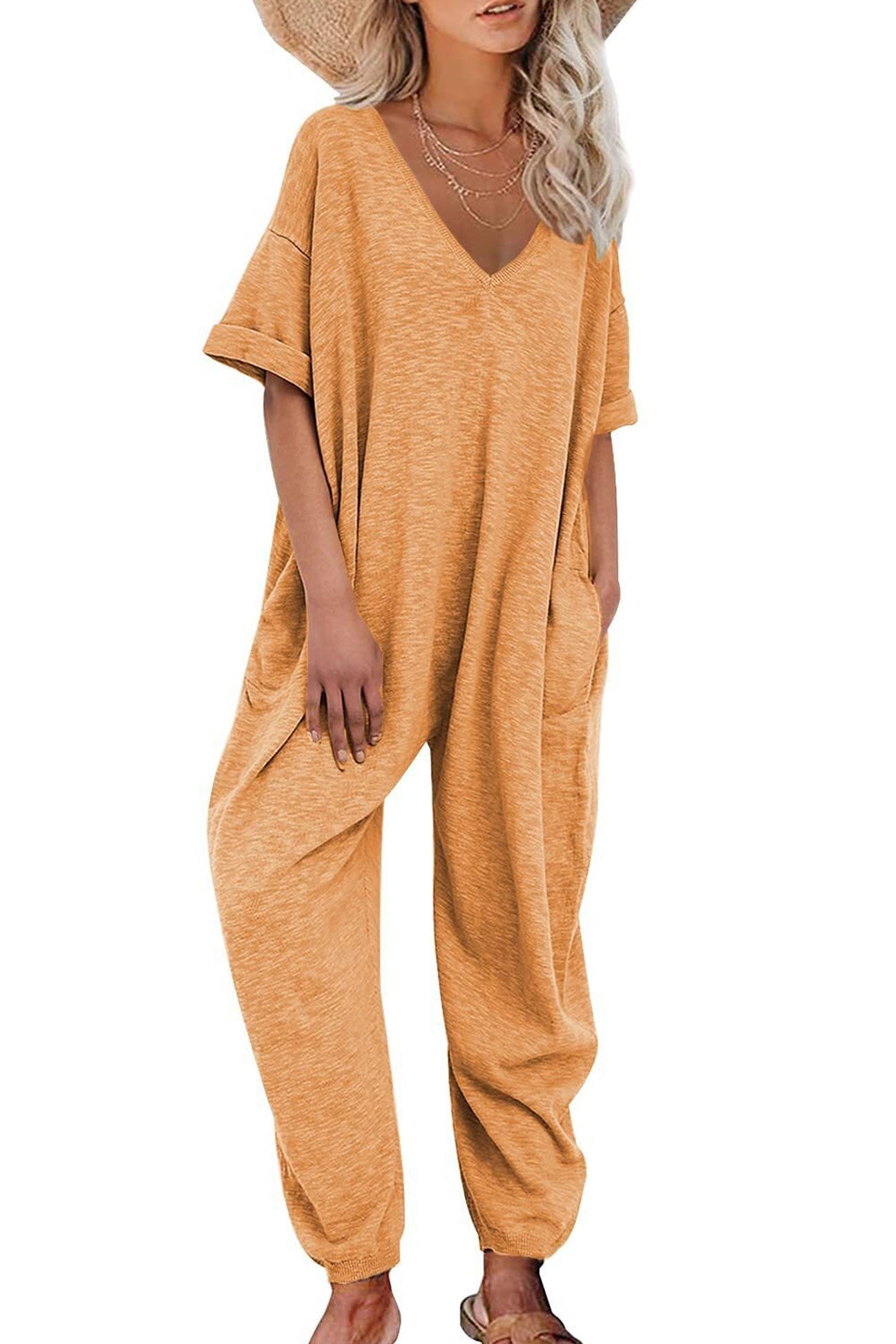 Cotton Solid V Neck Loose Jumpsuits - Fashionpara