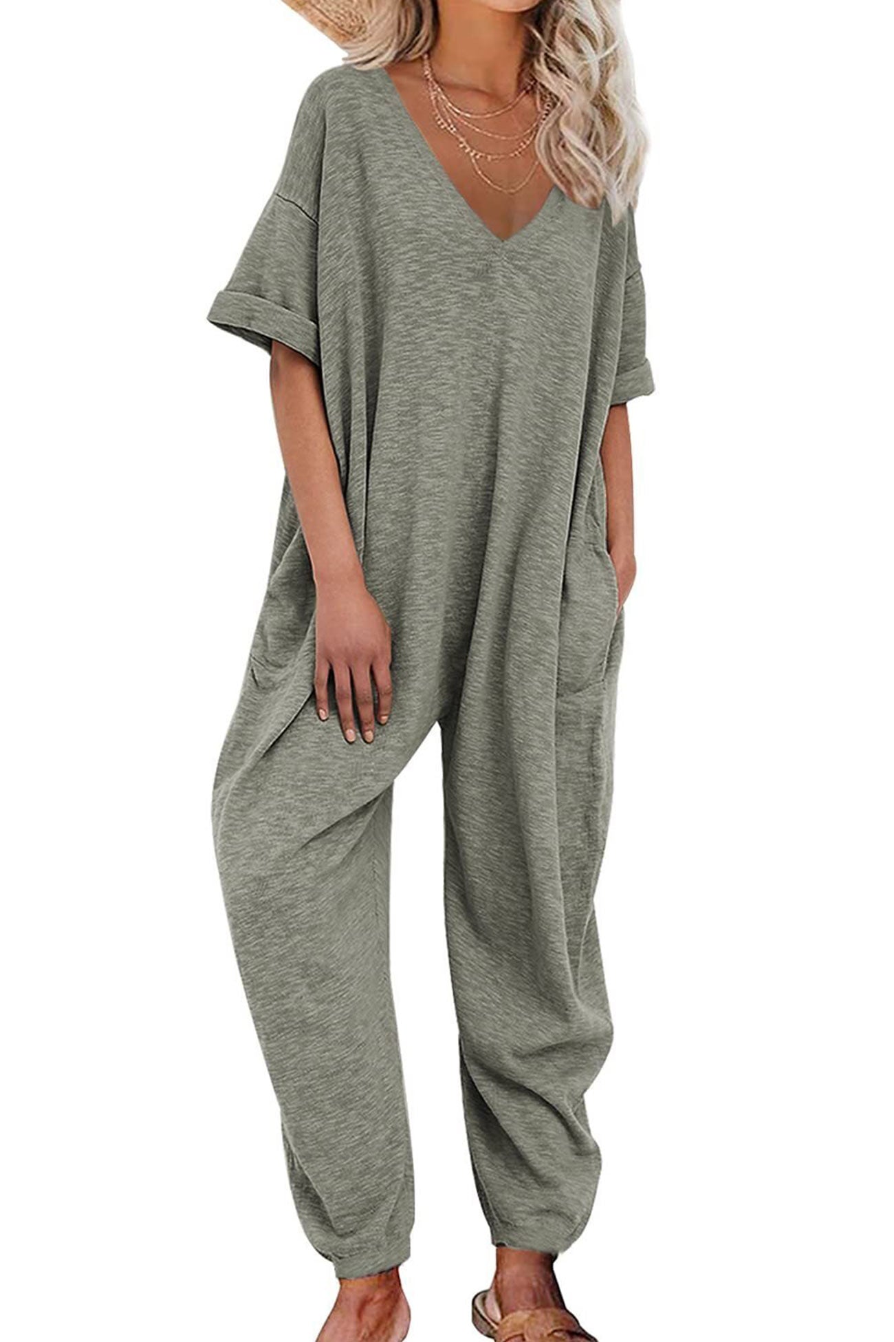 Cotton Solid V Neck Loose Jumpsuits - Fashionpara