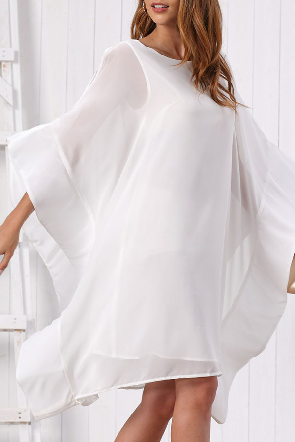 Batwing Sleeves Plain Chiffon Dress - Mislish