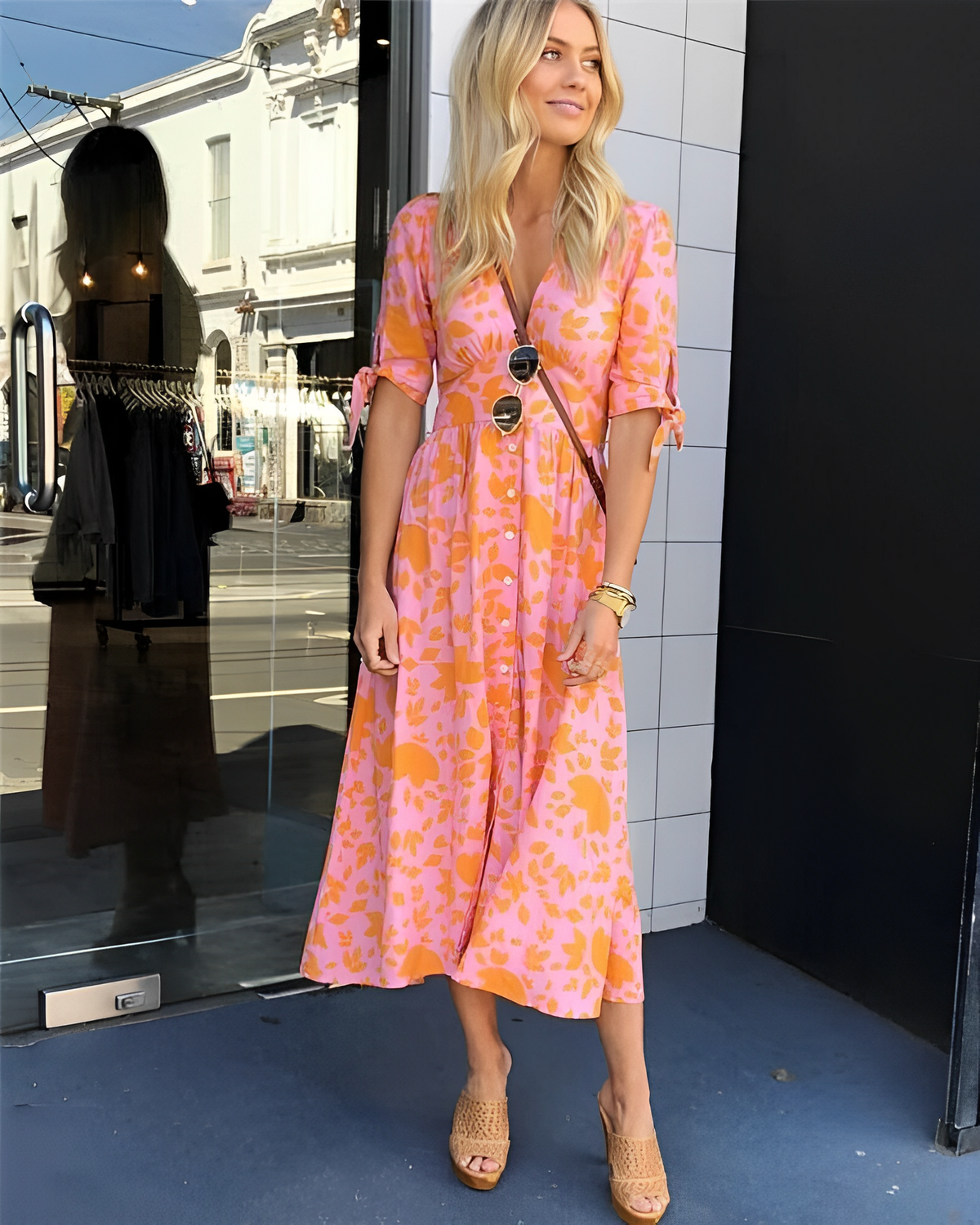 Botanical Print Deep V-Neck Tie Sleeve Button Front Midi Dress - View 2