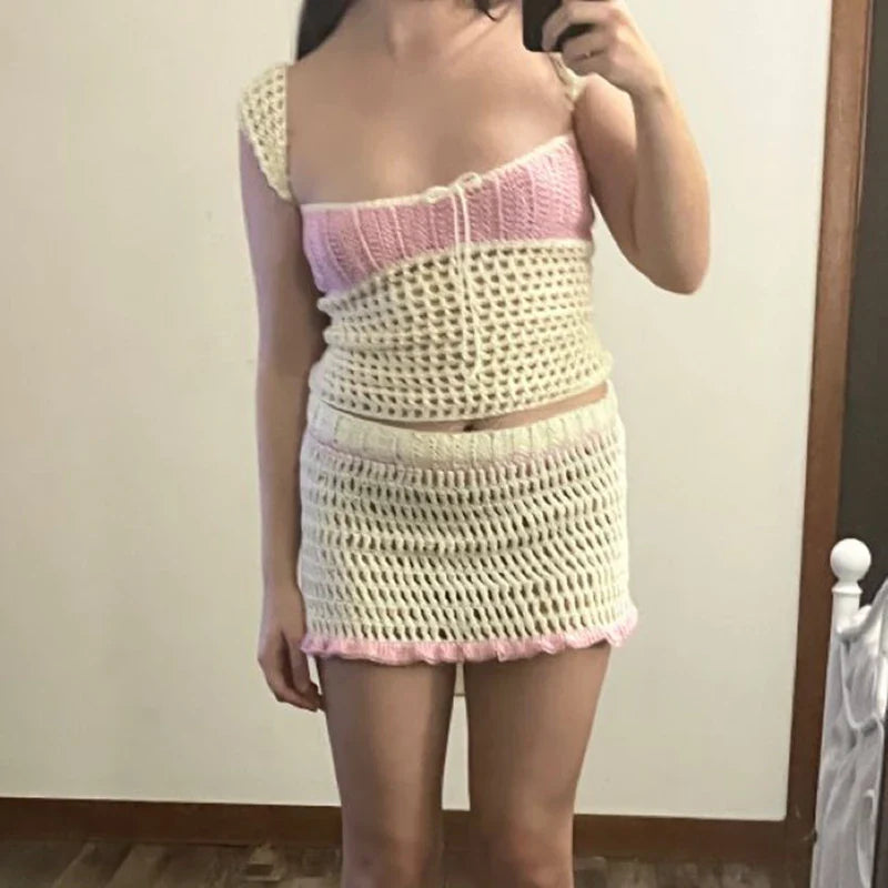 Beach Holiday 2 Piece Sets Crochet Hollow Out Crop Tops Backless Tie Up Knitted Tank Tops + Mini Pencil Skirt Y2K Vintage Outfit