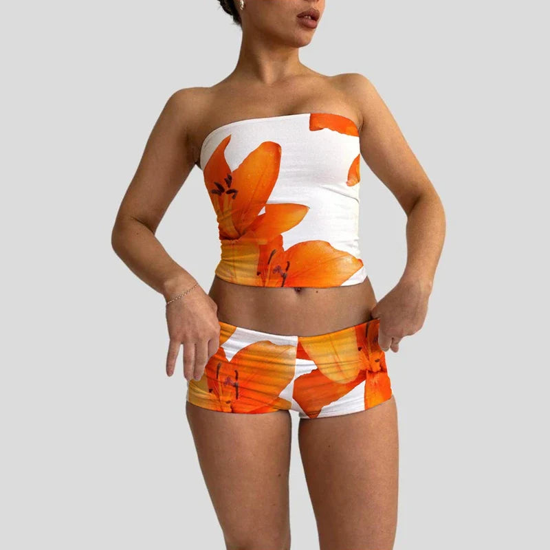 Beach Vacation Lounge Oufits 2 Pice Set Flower Print Strapless Crop Tube Tops Bandeau + Skinny Mini Skirt Wrap Bodycon Women