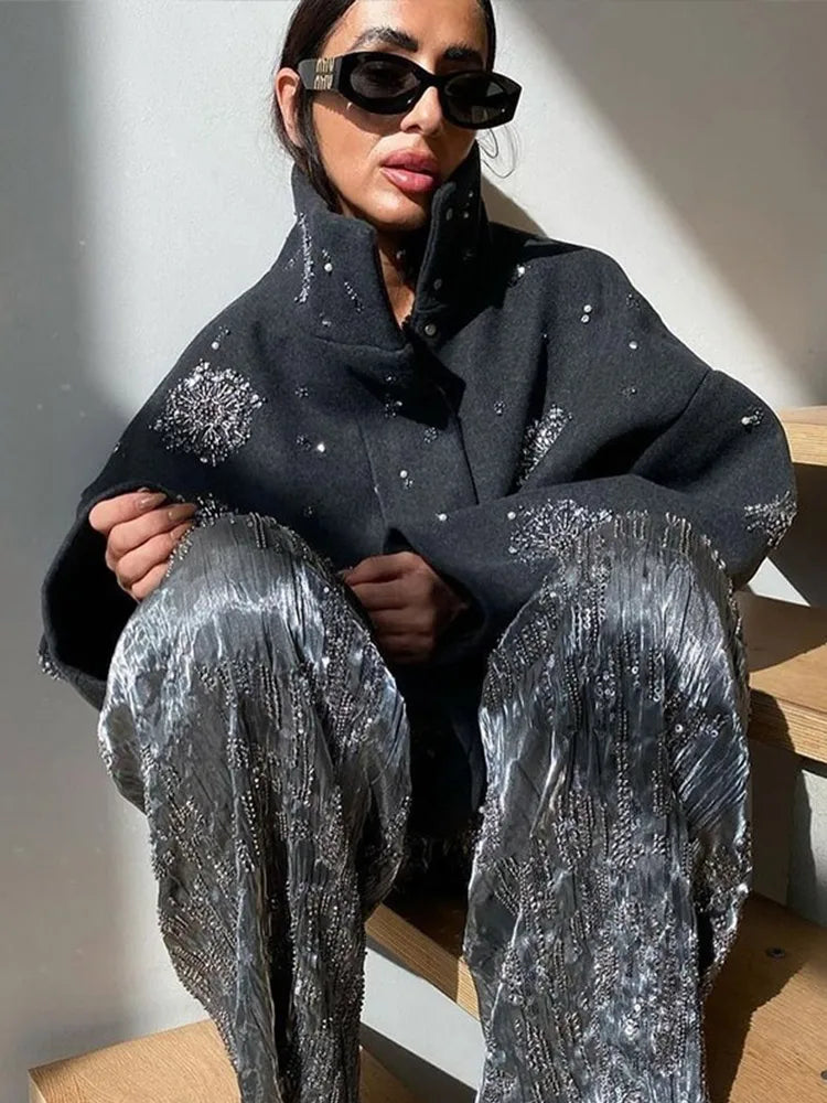 Beaded Flower Sequin Stand Collar Overcoat