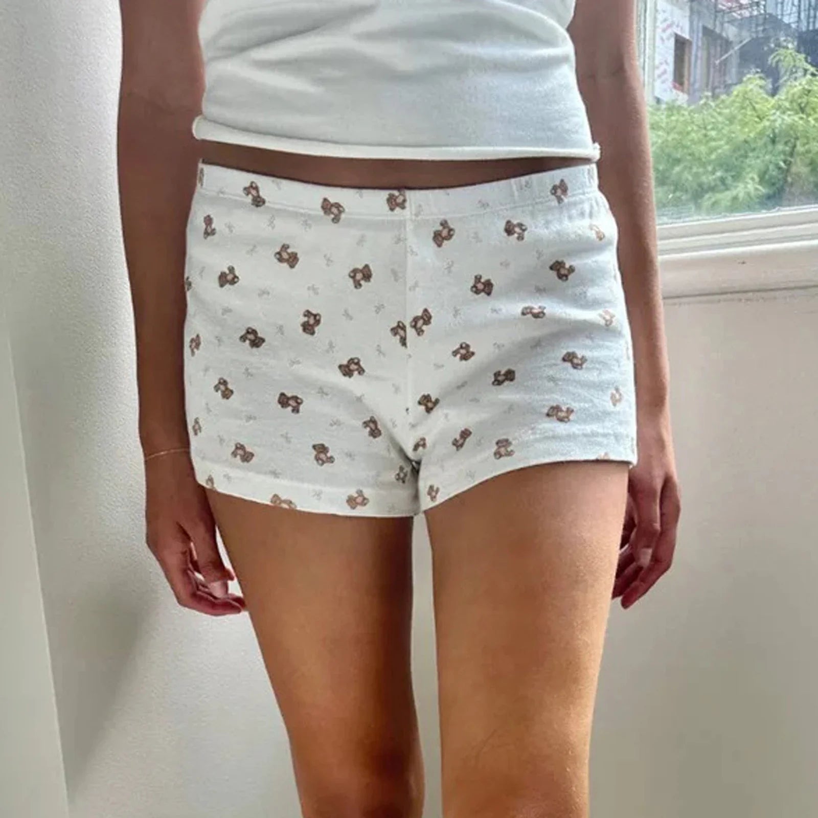 Bear Print Retro Slim Fit Camis Low Rise Shorts Two Pieces Set