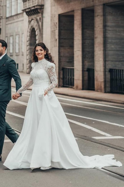 Beautiful A-line Long High Neck Lace Chiffon Wedding Dress with Long Sleeves - Fashionpara