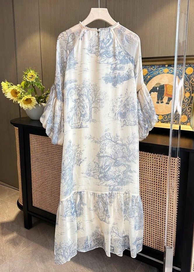 Toile Print Jewel Neck Lace Trim Lantern Sleeve Tiered Midi Dress - View 2