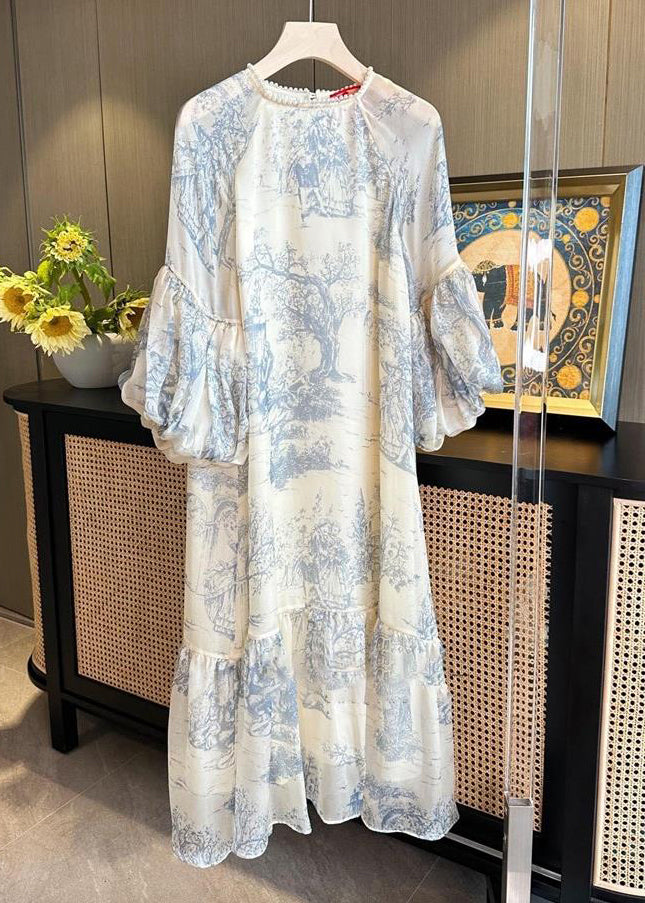 Toile Print Jewel Neck Lace Trim Lantern Sleeve Tiered Midi Dress - View 3