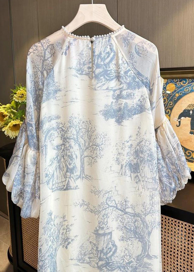 Toile Print Jewel Neck Lace Trim Lantern Sleeve Tiered Midi Dress - View 4