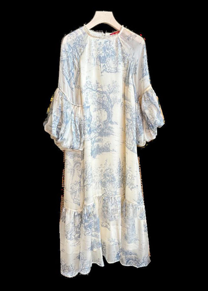 Toile Print Jewel Neck Lace Trim Lantern Sleeve Tiered Midi Dress - View 5