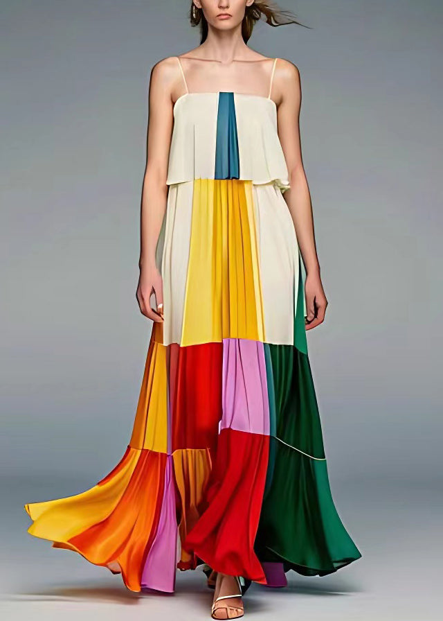 Pleated Patchwork Panel Spaghetti Strap Square Neck Tiered Maxi Dress - View 2
