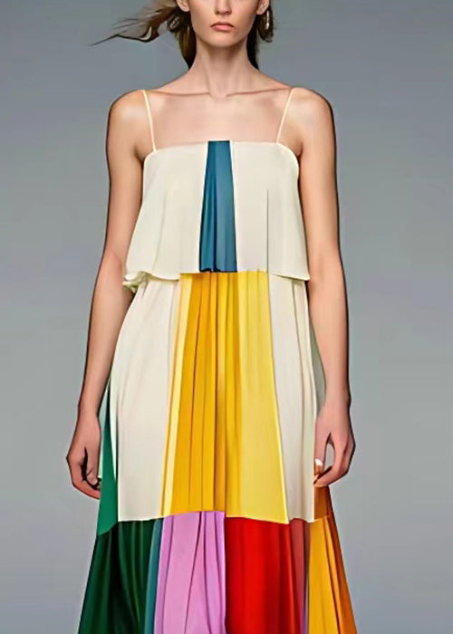 Pleated Patchwork Panel Spaghetti Strap Square Neck Tiered Maxi Dress - View 3