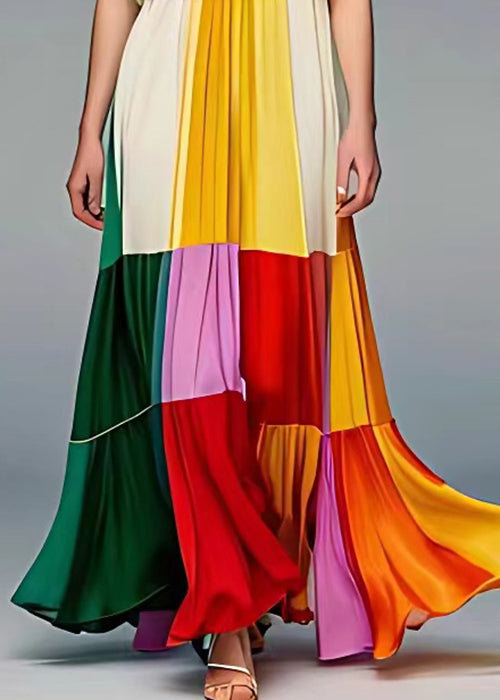 Pleated Patchwork Panel Spaghetti Strap Square Neck Tiered Maxi Dress - View 5