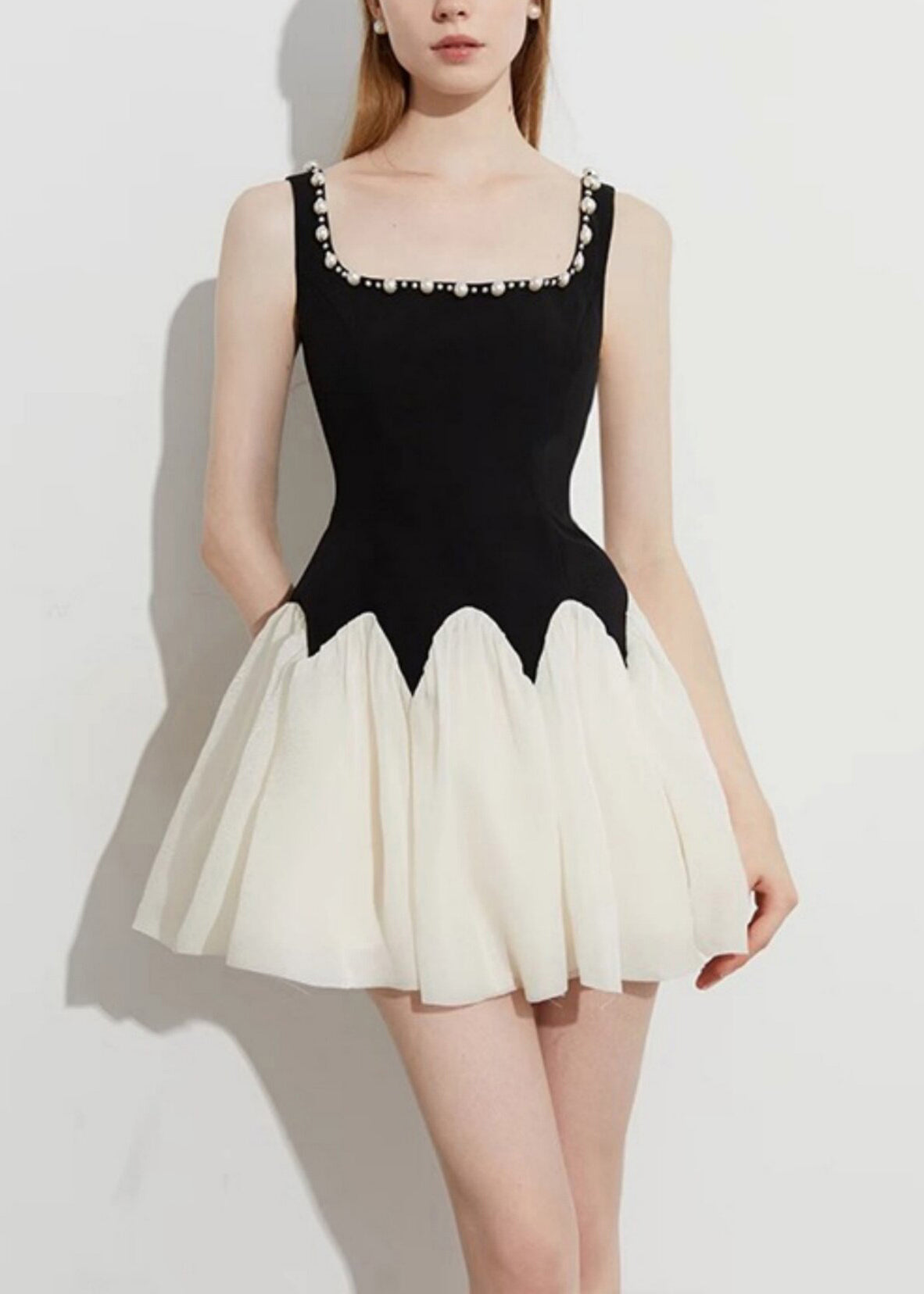 Pearl Trim Square Neck Colorblock Fit and Flare Mini Dress