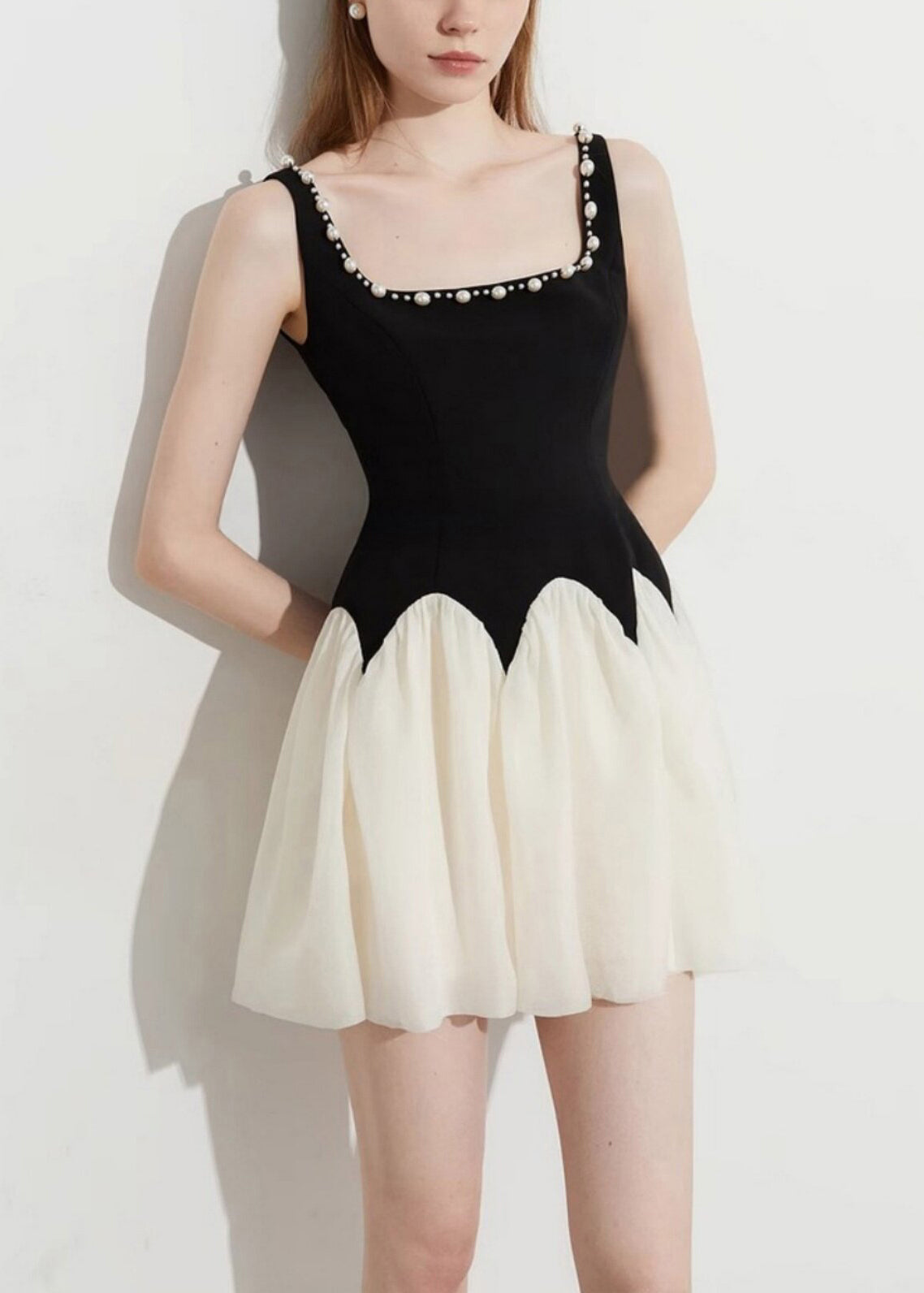 Pearl Trim Square Neck Colorblock Fit and Flare Mini Dress - View 2