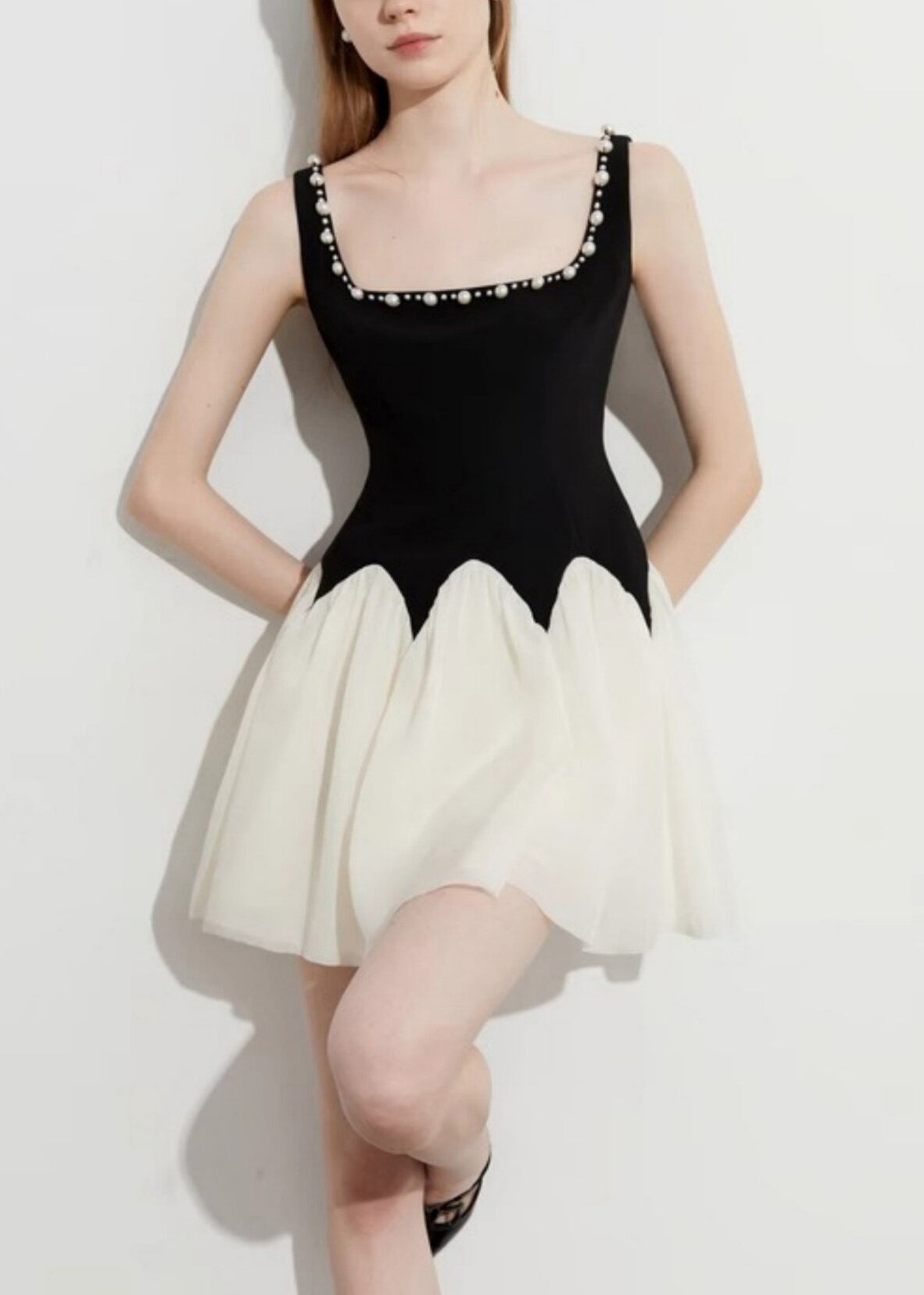 Pearl Trim Square Neck Colorblock Fit and Flare Mini Dress - View 3