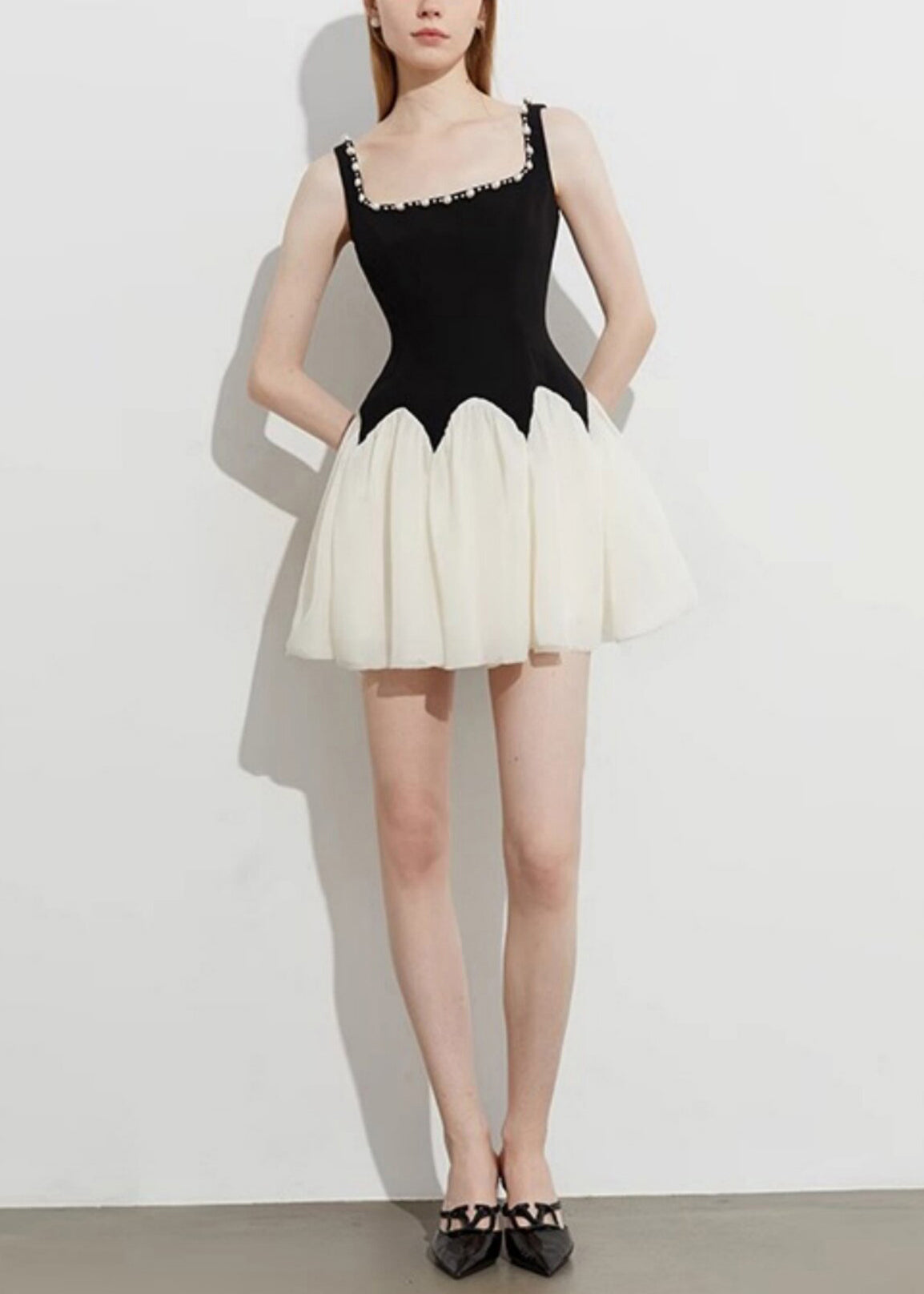 Pearl Trim Square Neck Colorblock Fit and Flare Mini Dress - View 4