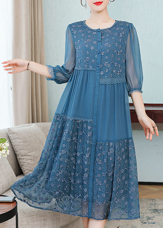 Floral Embroidery Lace Trim Button Front Round Neck Midi Dress