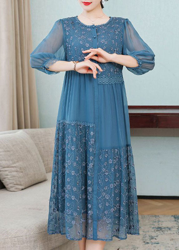 Floral Embroidery Lace Trim Button Front Round Neck Midi Dress - View 3