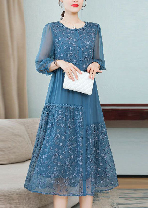 Floral Embroidery Lace Trim Button Front Round Neck Midi Dress - View 4