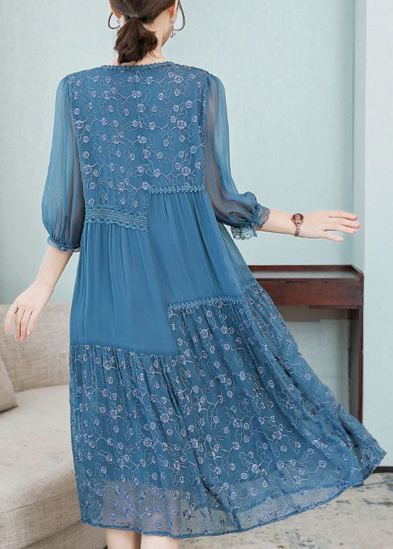 Floral Embroidery Lace Trim Button Front Round Neck Midi Dress - View 5