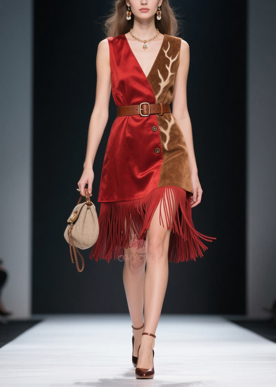 V-Neck Sleeveless Belted Button Front Antler Print Mini Dress