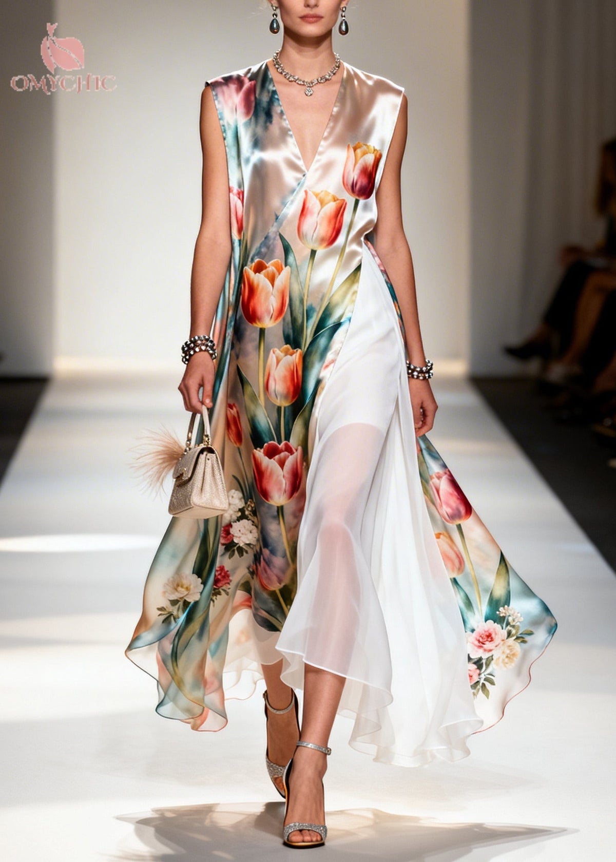 Beautiful Flower Print Patchwork Chiffon Maxi Dresses Sleeveless