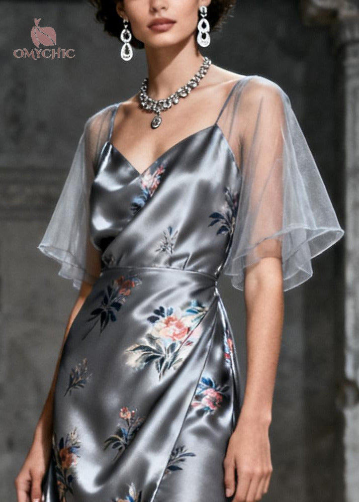 Floral Print V-Neck Flutter Sleeve Mesh Layered Midi Dress - View 2