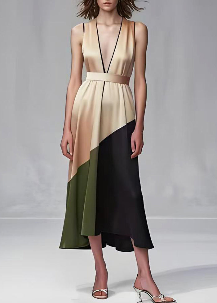 Satin Deep V-Neck Sleeveless Geometric Patchwork Belted Midi Dress - View 2