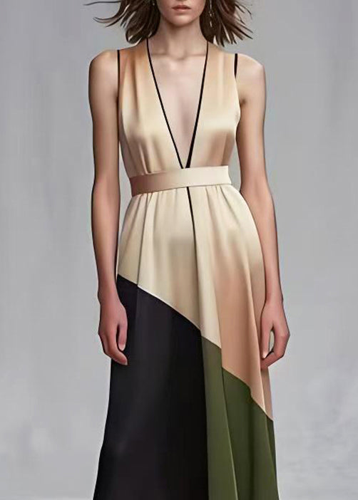 Satin Deep V-Neck Sleeveless Geometric Patchwork Belted Midi Dress - View 3