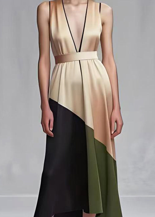 Satin Deep V-Neck Sleeveless Geometric Patchwork Belted Midi Dress - View 4